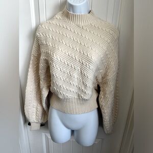 Truth Off-White Mock Turtleneck Diagonal Cable Sweater w/Batwing/Dolman Sleeve M